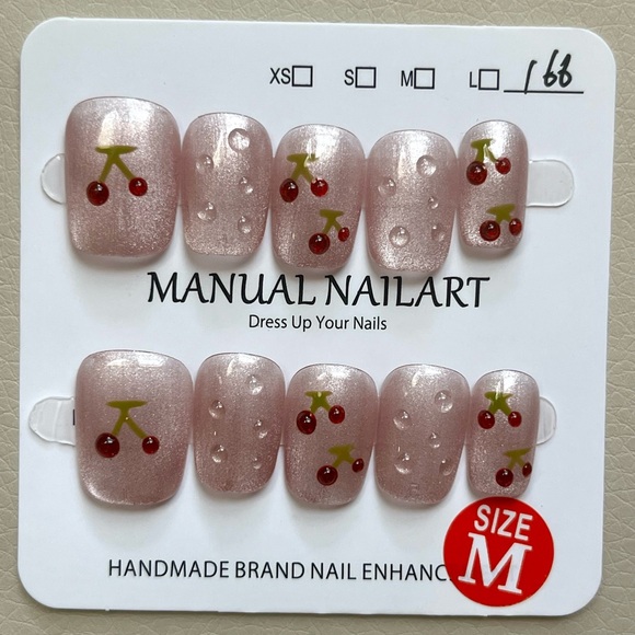 Cherry 3D Press On Nails handmade reusable 10 pc short length cat eye glossy NWT - Picture 6 of 9